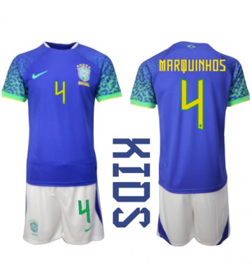 Brasilien Marquinhos #4 Udebanesæt Børn VM 2022 Kort ærmer (+ korte bukser)